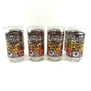 VTG Coca Cola Libbey Glasses Set of 8 Tiffany Style Flower Power Stained Glass